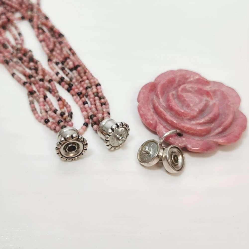 ESPO Multi Strand Rhodonite Sterling Silver Carved Rose Pendant Necklace - Picture 4 of 11
